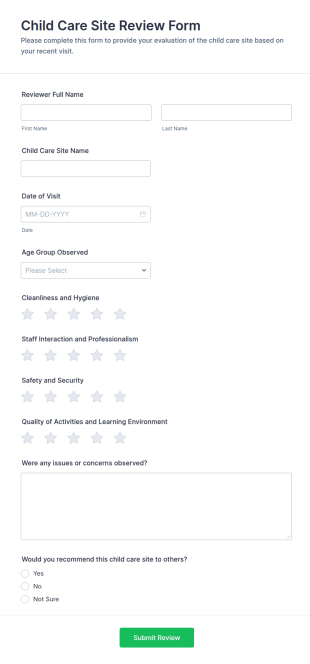 Child Care Site Review Form Template