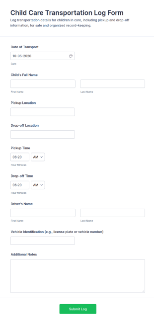 Child Care Transportation Log Form Template