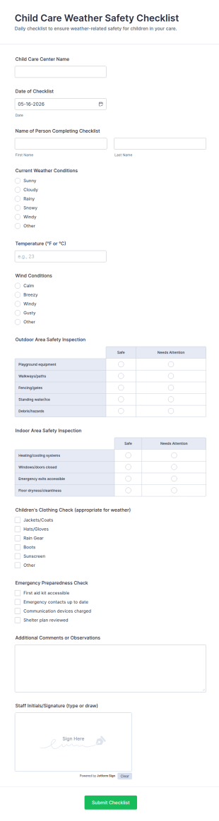 Child Care Weather Safety Checklist Form Template