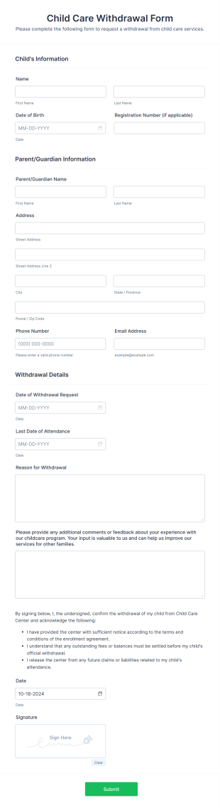 Child Care Withdrawal Form Template