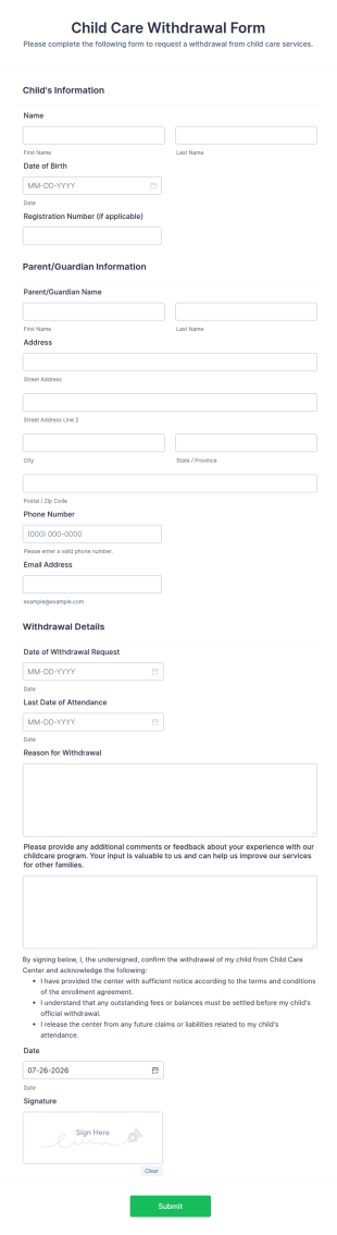 Child Care Withdrawal Form Template