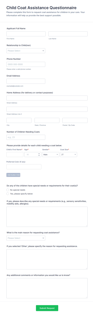 Child Coat Assistance Questionnaire Form Template