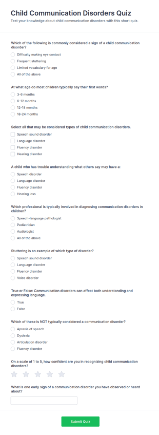 Child Communication Disorders Quiz Form Template