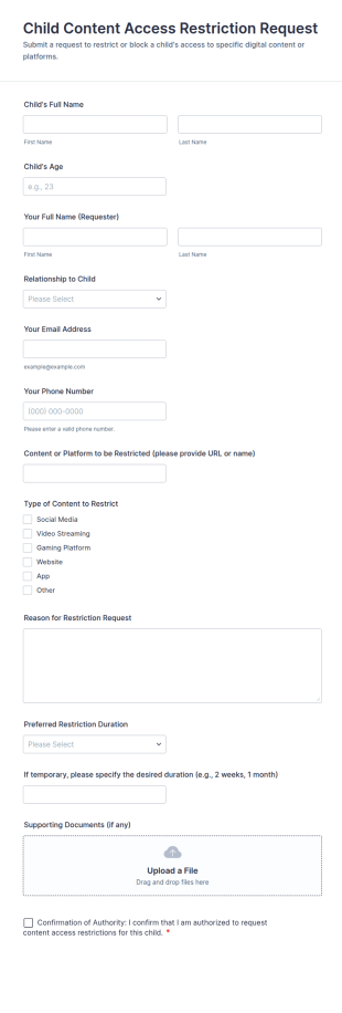 Child Content Access Restriction Request Form Template