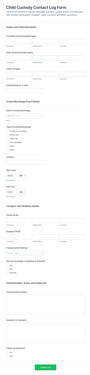 Child Custody Contact Log Form Template