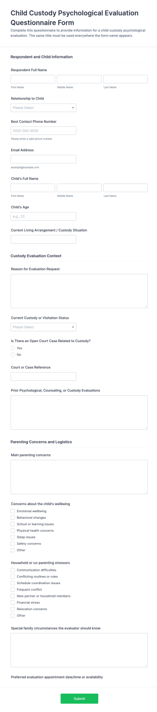 Child Custody Psychological Evaluation Questionnaire Form Template