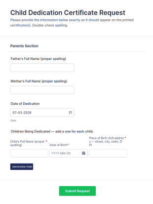 Child Dedication Certificate Request Form Template