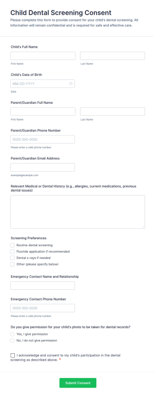 Child Dental Screening Consent Form Template