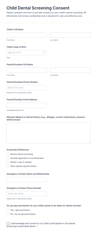 Child Dental Screening Consent Form Template