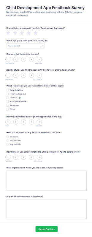 Child Development App Feedback Survey Form Template