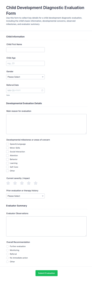 Child Development Diagnostic Evaluation Form Template