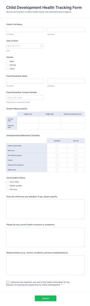 Child Development Health Tracking Form Template