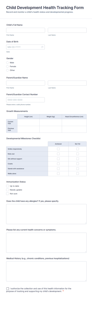 Child Development Health Tracking Form Template
