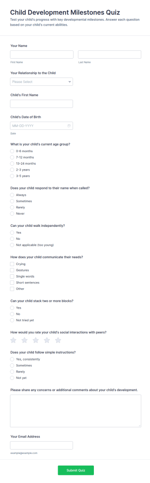 Child Development Milestones Quiz Form Template