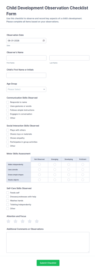 Child Development Observation Checklist Form Template
