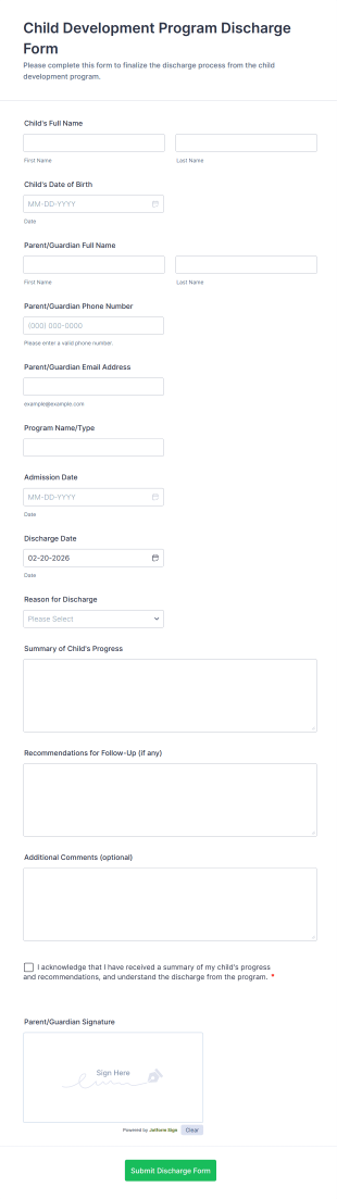 Child Development Program Discharge Form Template