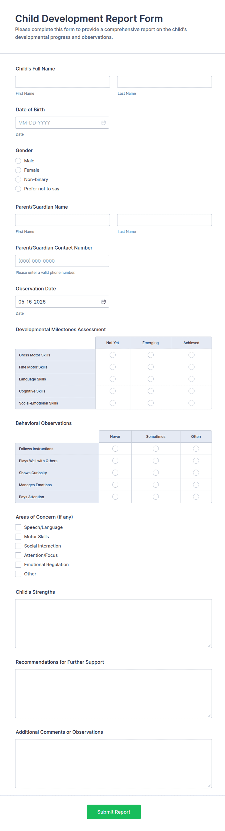 Childline Example Report Child Development Report Form Template | Jotform