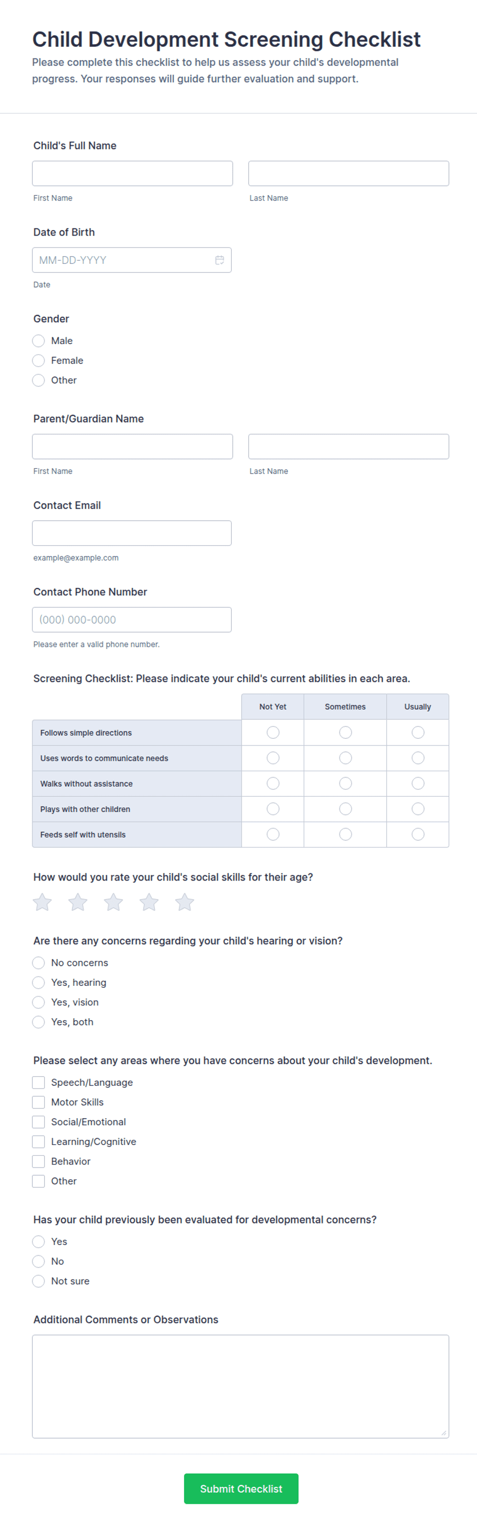 Screening Checklist Examples Checklist Template For Child Observation