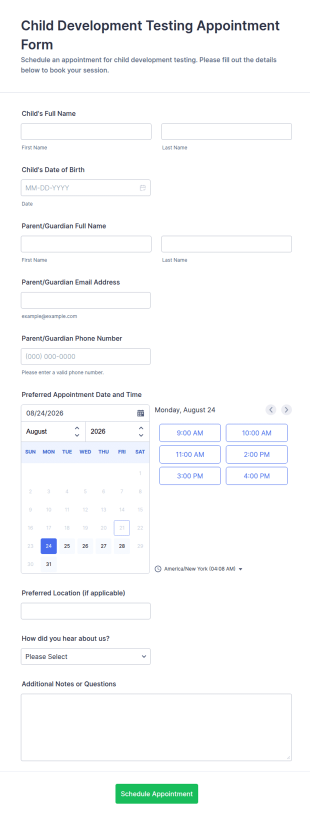 Child Development Testing Appointment Form Template