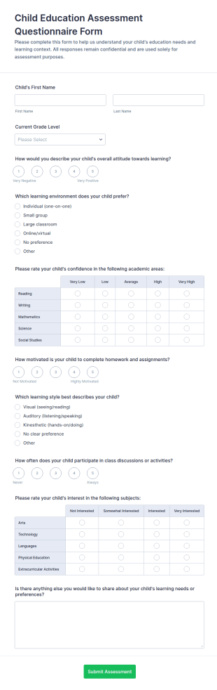 Child Education Assessment Questionnaire Form Template