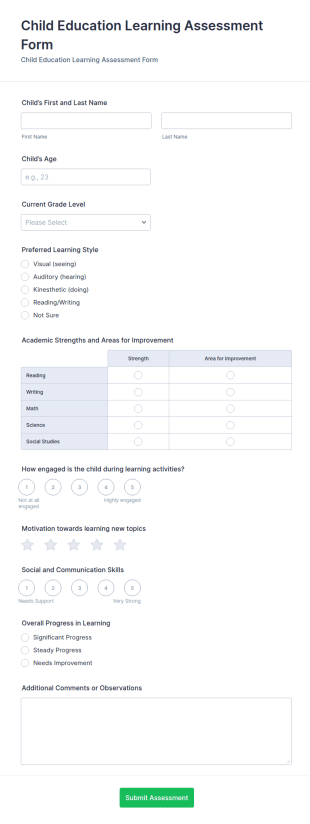 Child Education Learning Assessment Form Template