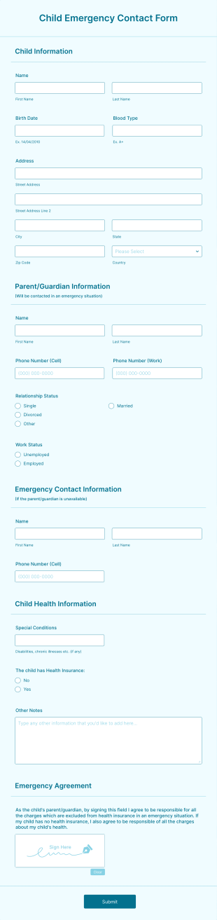Child Emergency Contact Form Template