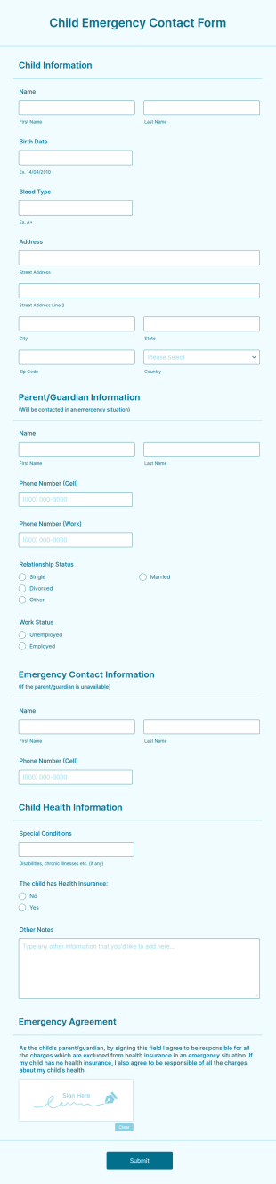 Child Emergency Contact Form Template