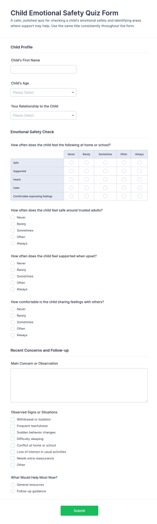 Child Emotional Safety Quiz Form Template