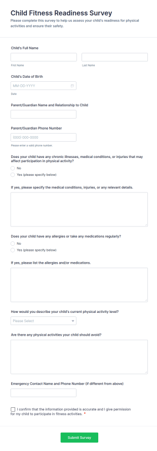 Child Fitness Readiness Survey Form Template