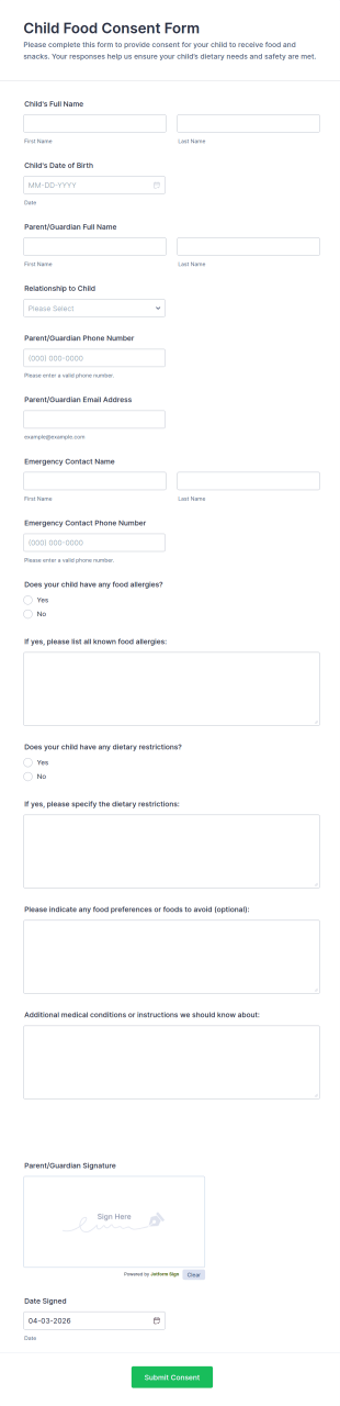 Child Food Consent Form Template