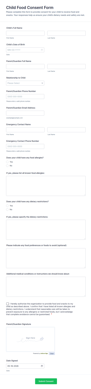 Child Food Consent Form Template