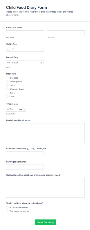 Child Food Diary Form Template