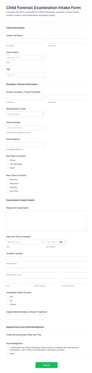 Child Forensic Examination Intake Form Template