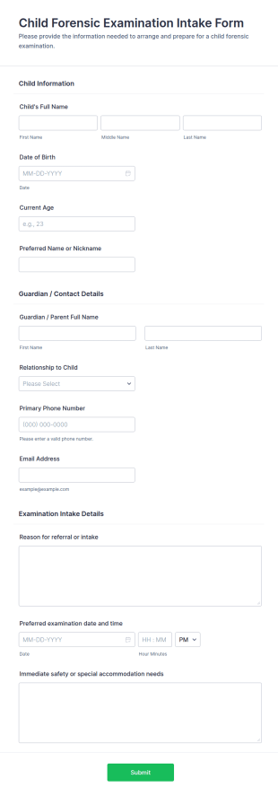 Child Forensic Examination Intake Form Template
