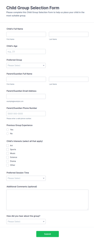 Child Group Selection Form Template