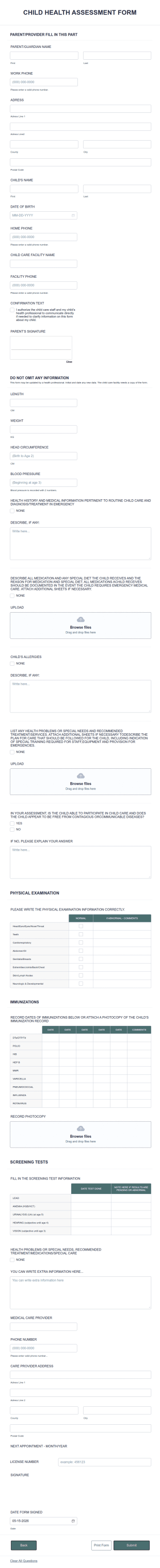 Child Health Assessment Form Template