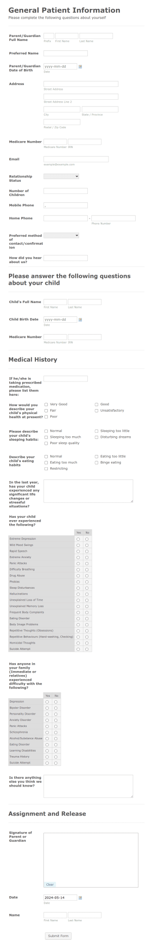 Child Information Form AH Form Template