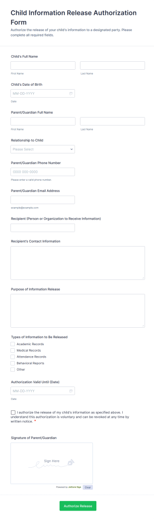 Child Information Release Authorization Form Template