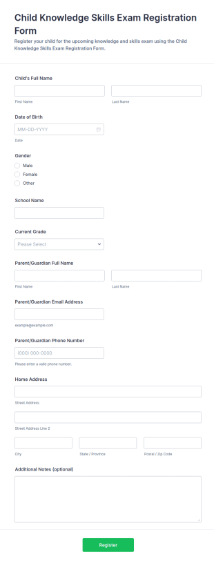 Child Knowledge Skills Exam Registration Form Template