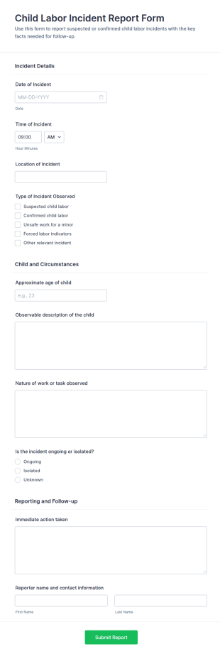 Child Labor Incident Report Form Template