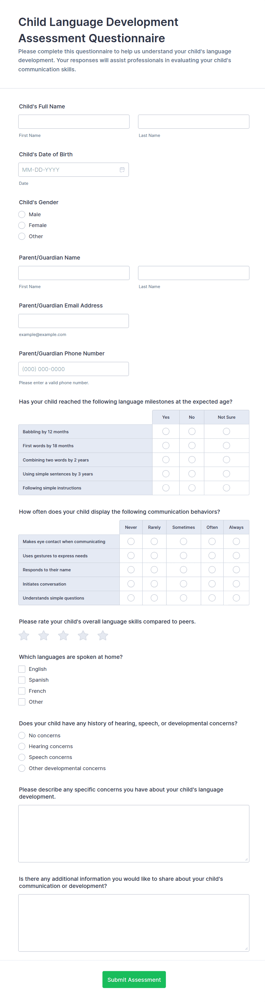 Child Language Development Assessment Questionnaire Form Template | Jotform