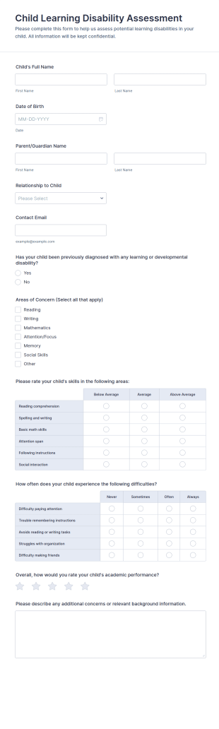 Child Learning Disability Assessment Form Template