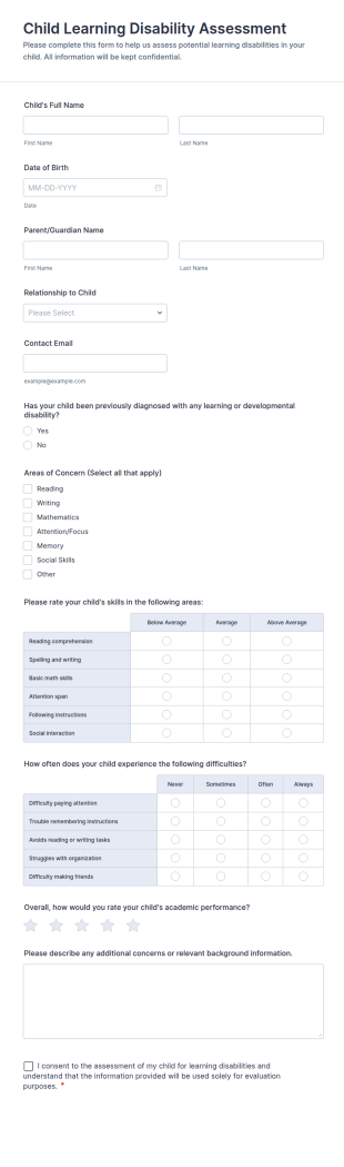 Child Learning Disability Assessment Form Template