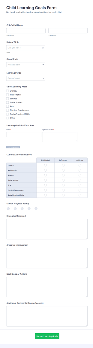 Child Learning Goals Form Template