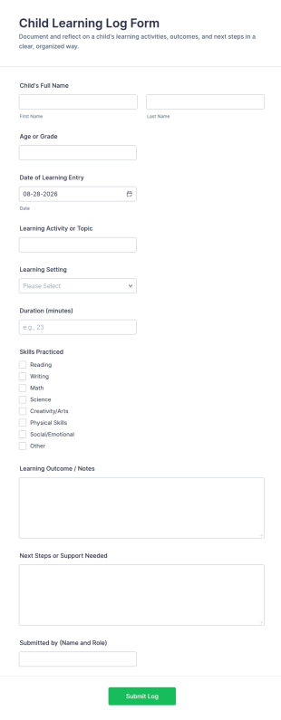 Child Learning Log Form Template