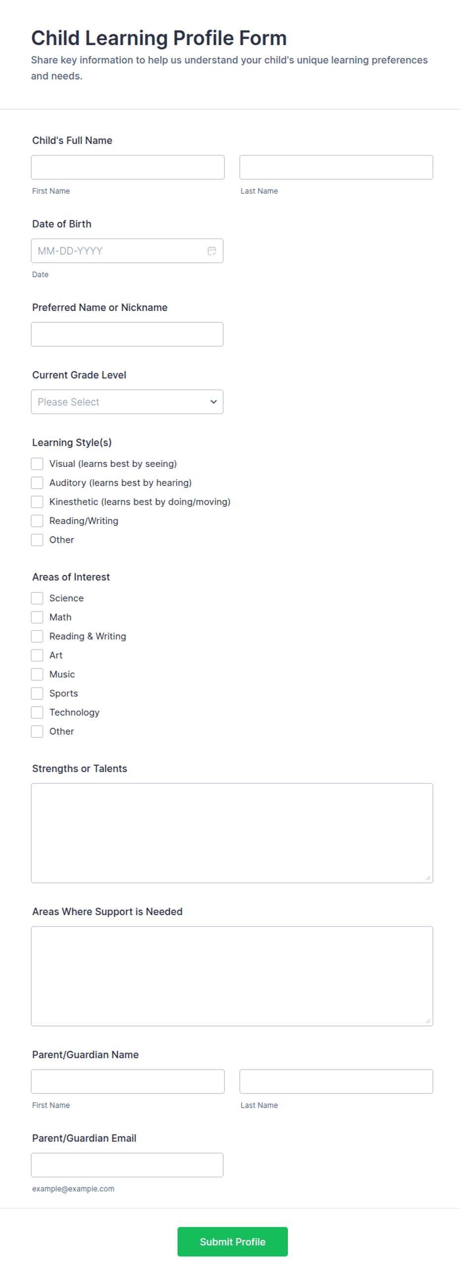 Child Learning Profile Form Template | Jotform