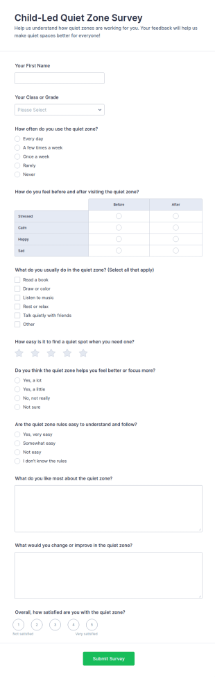 Child Led Quiet Zone Survey Form Template