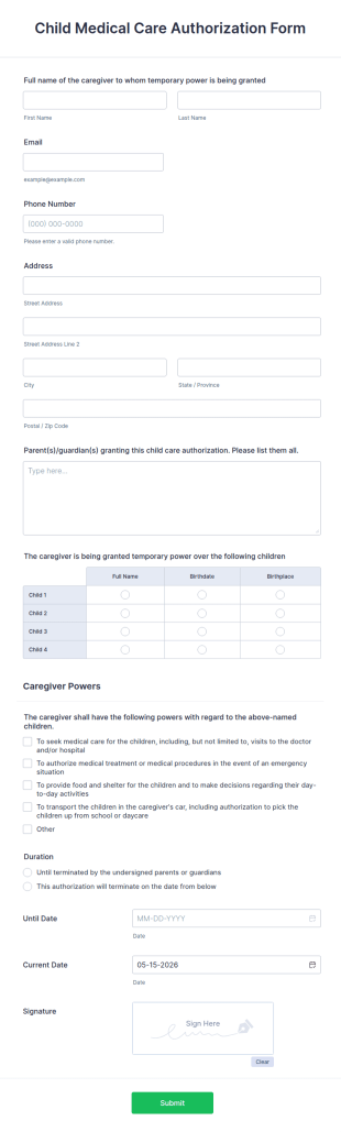 Child Medical Care Authorization Form Template