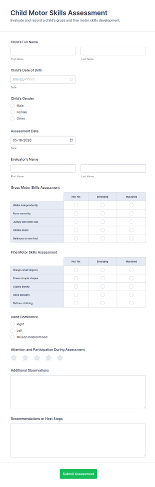 Child Motor Skills Assessment Form Template