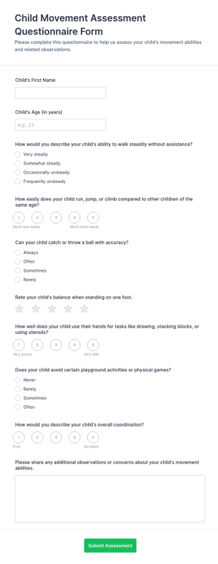 Child Movement Assessment Questionnaire Form Template